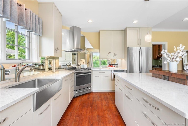 1 Osprey Commons S, Clinton, CT 06413 - kitchen with stainless steel appliances, island range hood, a sink, pendant lighting, and crown molding