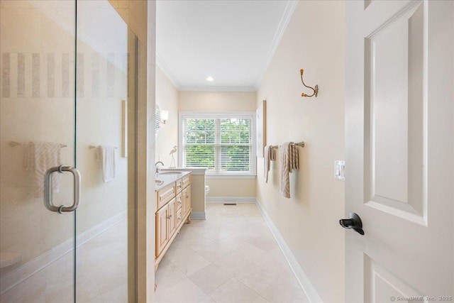 1 Osprey Commons S, Clinton, CT 06413 - bathroom featuring crown molding, toilet, baseboards, a shower stall, and vanity