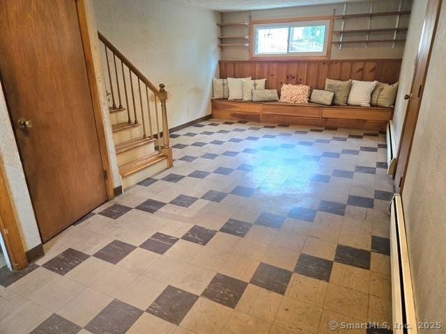 20 Kimball Rd, Wethersfield, CT 06109 - basement featuring tile patterned floors, stairway, and a baseboard radiator