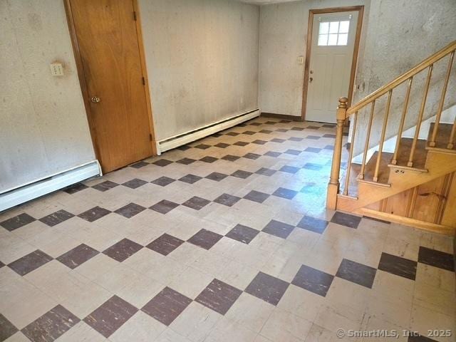 20 Kimball Rd, Wethersfield, CT 06109 - entrance foyer featuring a baseboard heating unit, stairway, tile patterned floors, and a baseboard radiator