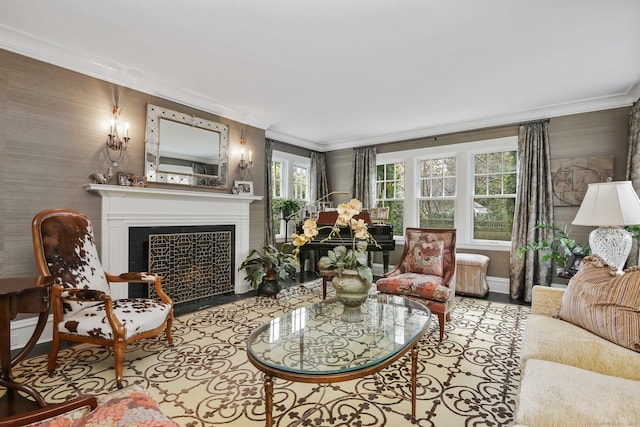 11 Old Hill Rd, Westport, CT 06880 - living room with crown molding, a fireplace with flush hearth, and wood finished floors