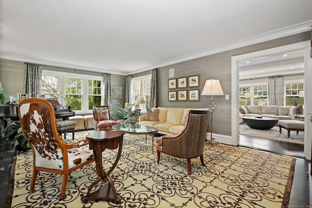 11 Old Hill Rd, Westport, CT 06880 - living room featuring ornamental molding and wallpapered walls