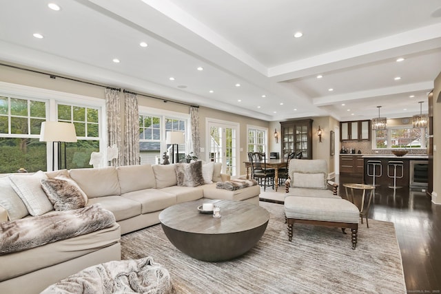 11 Old Hill Rd, Westport, CT 06880 - living area featuring beverage cooler, recessed lighting, wood finished floors, and beamed ceiling