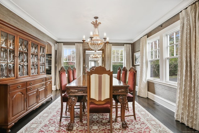11 Old Hill Rd, Westport, CT 06880 - dining area with a chandelier, ornamental molding, and dark wood-style flooring