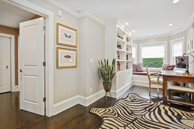 11 Old Hill Rd, Westport, CT 06880 - office with dark wood-style flooring, crown molding, and recessed lighting