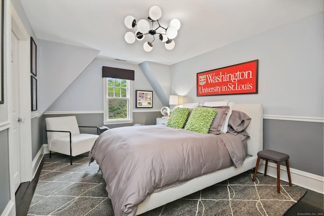 11 Old Hill Rd, Westport, CT 06880 - bedroom with a chandelier and lofted ceiling