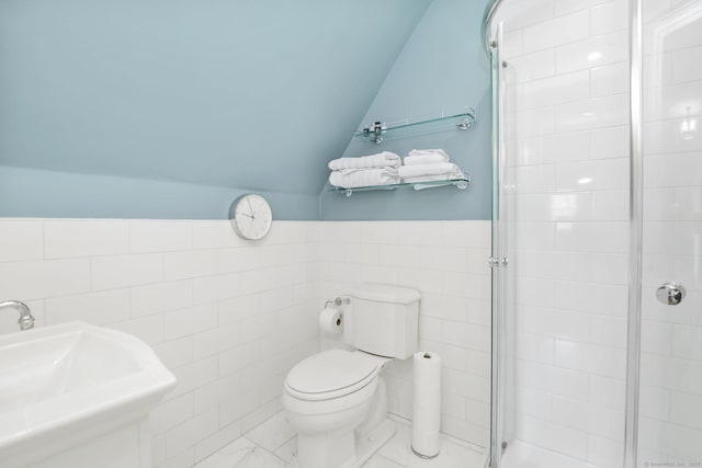 11 Old Hill Rd, Westport, CT 06880 - full bath with tile walls, vaulted ceiling, and a shower stall