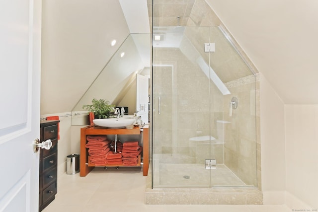 11 Old Hill Rd, Westport, CT 06880 - full bathroom featuring a shower stall, vanity, tile patterned floors, and vaulted ceiling