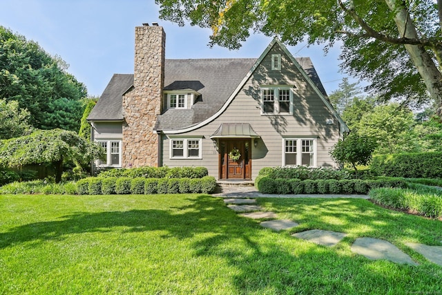 11 Old Hill Rd, Westport, CT 06880 - shingle-style home featuring a chimney, a front yard, and a shingled roof