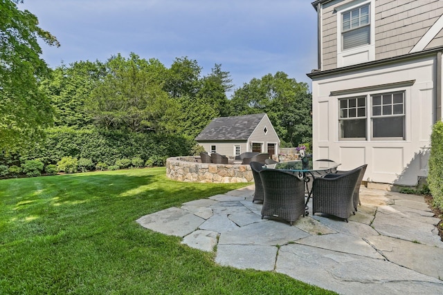11 Old Hill Rd, Westport, CT 06880 - view of green lawn featuring a patio area, an outdoor structure, and outdoor dining area
