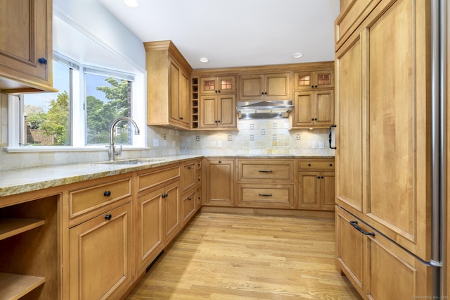 668 Glenbrook Rd Unit 9, Stamford, CT 06906 - kitchen featuring under cabinet range hood, a sink, light wood-type flooring, light stone countertops, and backsplash