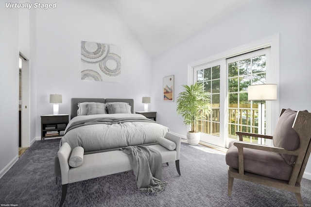 668 Glenbrook Rd Unit 9, Stamford, CT 06906 - carpeted bedroom with baseboards, high vaulted ceiling, and access to outside