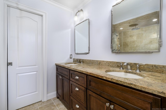 668 Glenbrook Rd Unit 9, Stamford, CT 06906 - bathroom featuring double vanity, crown molding, tiled shower, and tile patterned flooring