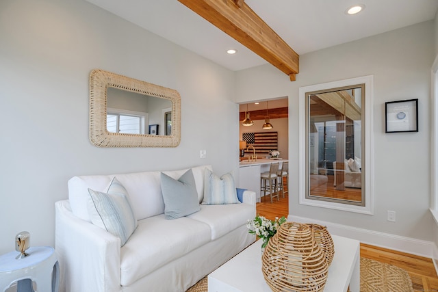 13 Seabreeze Pl, Norwalk, CT 06854 - living room featuring beamed ceiling, wood finished floors, recessed lighting, and baseboards