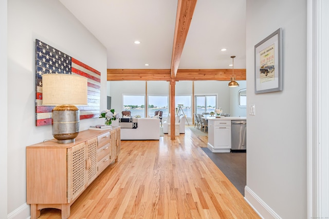 13 Seabreeze Pl, Norwalk, CT 06854 - hallway featuring beam ceiling, light wood-style flooring, baseboards, and recessed lighting