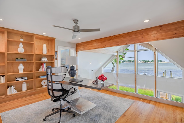 13 Seabreeze Pl, Norwalk, CT 06854 - office area featuring recessed lighting, a ceiling fan, wood finished floors, and a water view