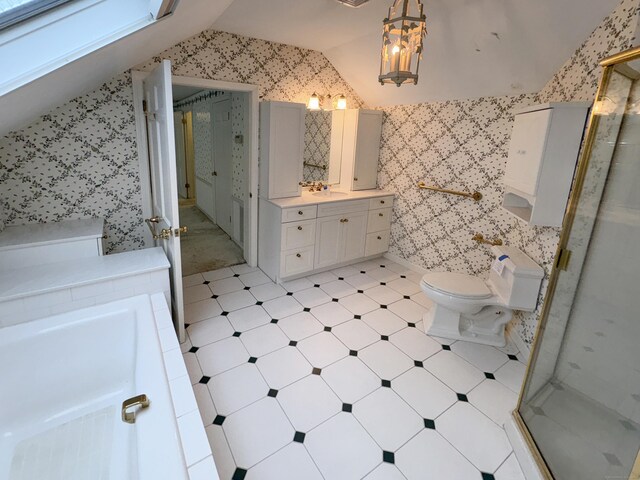 206 Peddlers Rd, Guilford, CT 06437 - bathroom featuring vaulted ceiling, vanity, tile patterned floors, a stall shower, and wallpapered walls