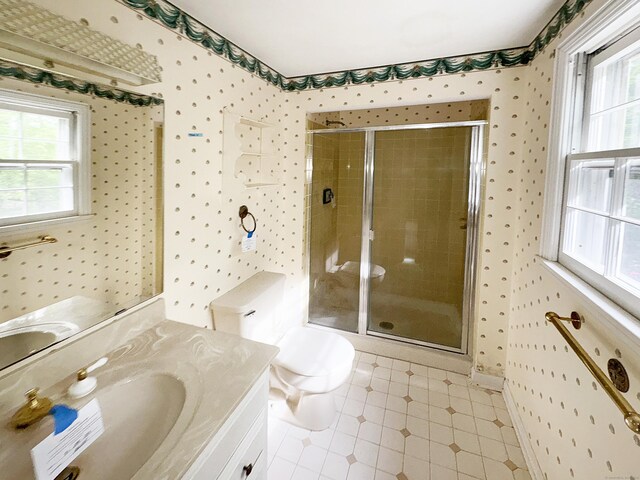 206 Peddlers Rd, Guilford, CT 06437 - bathroom featuring vanity, a shower stall, toilet, tile patterned floors, and baseboards