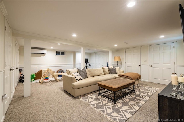 60 Davenport Rd, West Hartford, CT 06110 - living room featuring light colored carpet, crown molding, recessed lighting, and a decorative wall