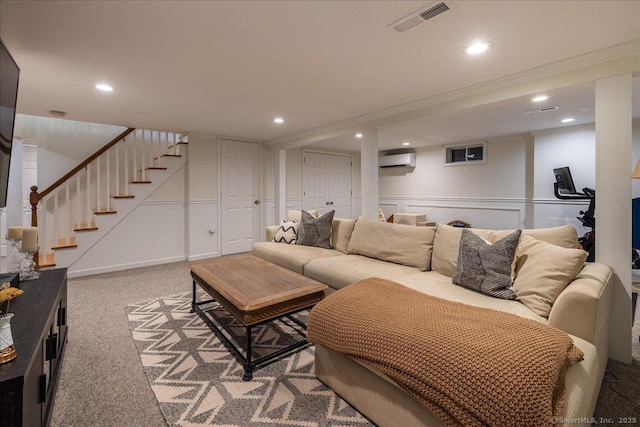 60 Davenport Rd, West Hartford, CT 06110 - living area with a wall mounted AC, stairway, light carpet, crown molding, and recessed lighting