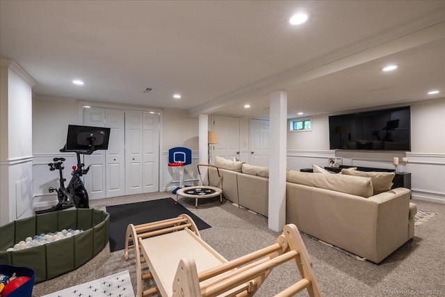 60 Davenport Rd, West Hartford, CT 06110 - living area featuring ornamental molding, carpet flooring, recessed lighting, and a decorative wall