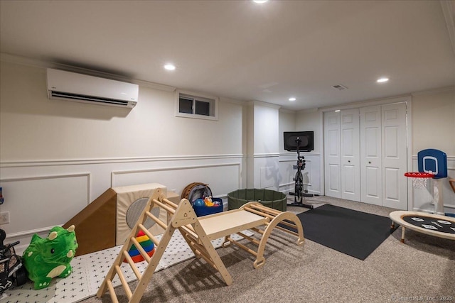 60 Davenport Rd, West Hartford, CT 06110 - workout area with an AC wall unit, a decorative wall, recessed lighting, ornamental molding, and carpet