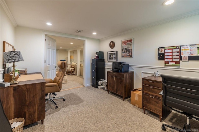 60 Davenport Rd, West Hartford, CT 06110 - home office featuring light colored carpet, ornamental molding, and recessed lighting