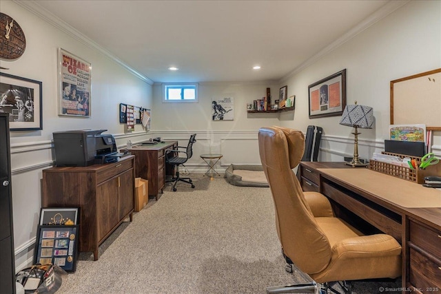 60 Davenport Rd, West Hartford, CT 06110 - home office with crown molding, light colored carpet, a decorative wall, wainscoting, and recessed lighting