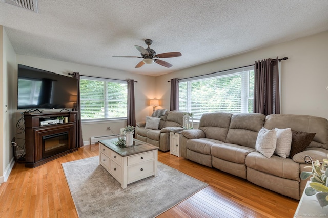 425 Pattonwood Dr, Southington, CT 06489 - living area featuring a textured ceiling, ceiling fan, light wood finished floors, and baseboard heating