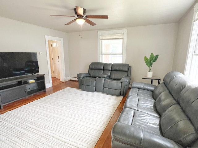 46 Glenwood St, Manchester, CT 06040 - living room featuring a ceiling fan, wood finished floors, and baseboard heating