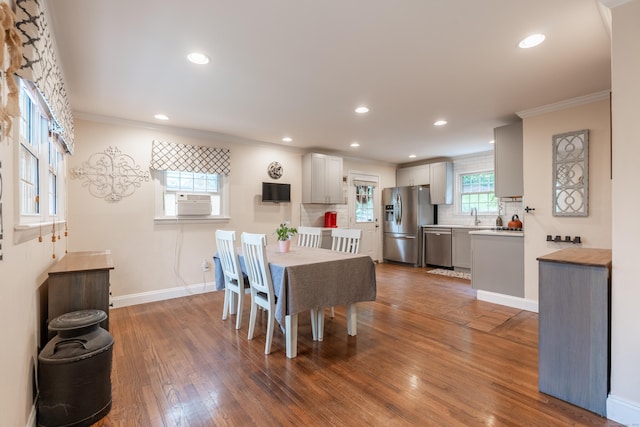 28 Hope Hill Rd, Wallingford, CT 06492 - dining room featuring crown molding, wood finished floors, recessed lighting, and cooling unit