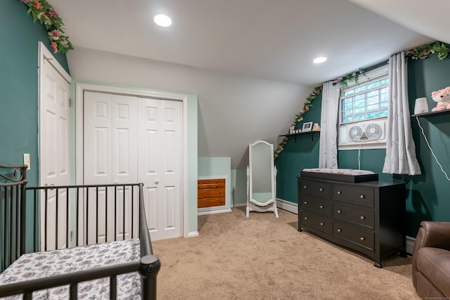 28 Hope Hill Rd, Wallingford, CT 06492 - bedroom featuring vaulted ceiling, light colored carpet, a baseboard heating unit, recessed lighting, and a closet