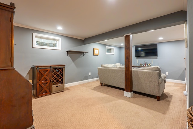 28 Hope Hill Rd, Wallingford, CT 06492 - living room with light colored carpet, recessed lighting, and ornamental molding