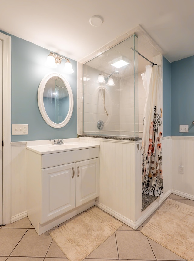 28 Hope Hill Rd, Wallingford, CT 06492 - full bath with a stall shower, vanity, tile patterned floors, and wainscoting