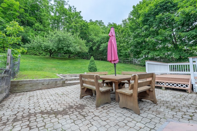 28 Hope Hill Rd, Wallingford, CT 06492 - view of patio with outdoor dining space, a deck, and view of scattered trees