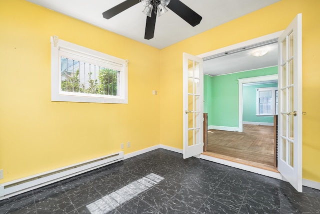 43 Quentin St, Hamden, CT 06517 - empty room with a baseboard radiator, french doors, ceiling fan, and dark floors