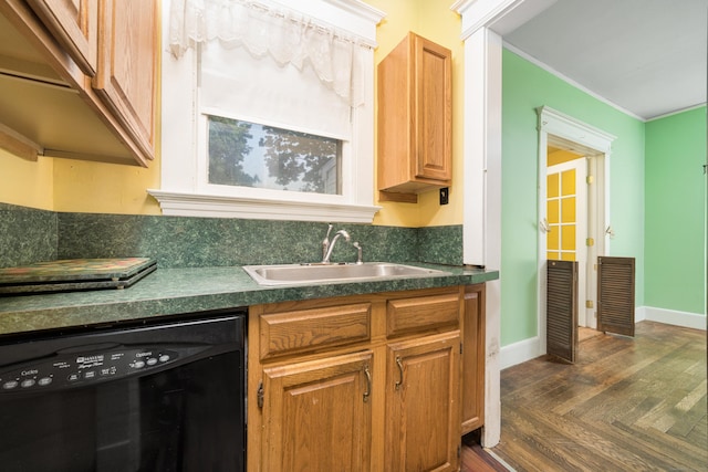 43 Quentin St, Hamden, CT 06517 - kitchen featuring black dishwasher, dark countertops, crown molding, and parquet floors