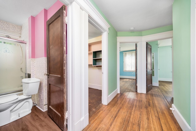 43 Quentin St, Hamden, CT 06517 - bathroom featuring a shower with door and wood finished floors