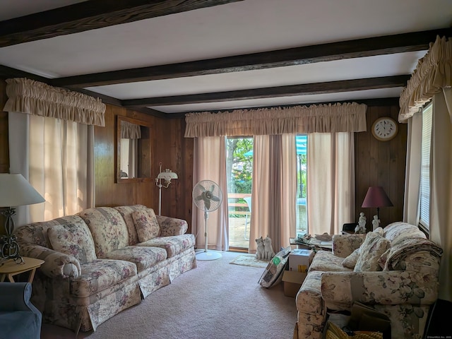 35 Chevvy St, Stratford, CT 06614 - carpeted living area with wooden walls and beamed ceiling