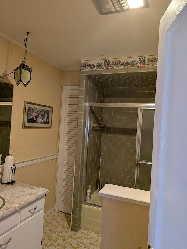 35 Chevvy St, Stratford, CT 06614 - full bath featuring vanity, enclosed tub / shower combo, and crown molding