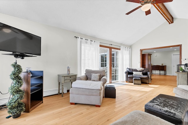 224 Neptune Dr, Groton, CT 06340 - living room with baseboard heating, beamed ceiling, a ceiling fan, wood finished floors, and high vaulted ceiling