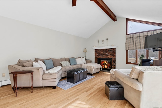 224 Neptune Dr, Groton, CT 06340 - living room with light wood finished floors, a fireplace, a ceiling fan, and baseboard heating