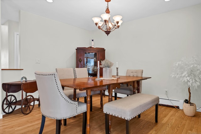 224 Neptune Dr, Groton, CT 06340 - dining space featuring a baseboard radiator, a chandelier, light wood-style floors, and recessed lighting