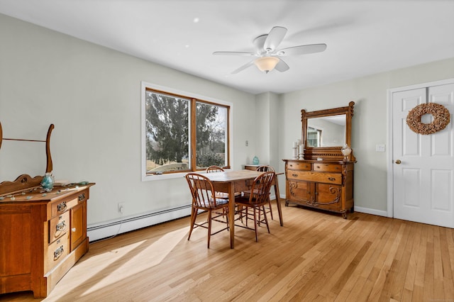 224 Neptune Dr, Groton, CT 06340 - dining area featuring baseboard heating, light wood finished floors, a ceiling fan, and baseboards