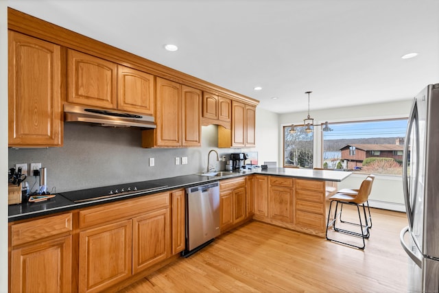 224 Neptune Dr, Groton, CT 06340 - kitchen with under cabinet range hood, stainless steel appliances, a sink, light wood finished floors, and a peninsula