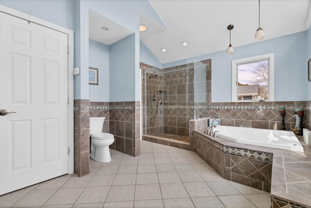 224 Neptune Dr, Groton, CT 06340 - full bath with a bath, tiled shower, toilet, tile patterned floors, and tile walls