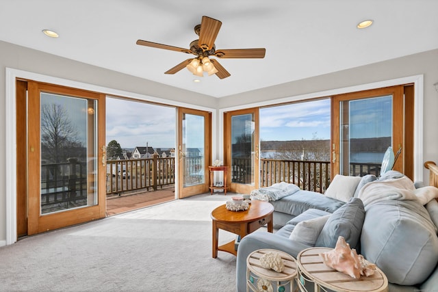 224 Neptune Dr, Groton, CT 06340 - living room featuring a ceiling fan, carpet, and recessed lighting