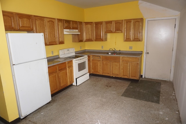 71 Martin St, Hartford, CT 06120 - kitchen with white appliances, under cabinet range hood, and brown cabinetry