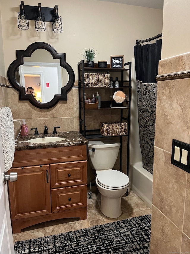 15 Great Meadow Rd, Danbury, CT 06811 - full bathroom featuring tile walls, vanity, tile patterned flooring, and shower / bath combination with curtain