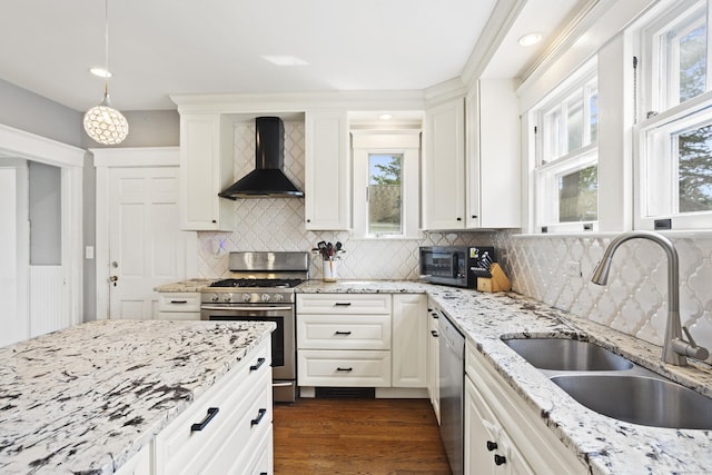 30 Cleveland Rd, New Haven, CT 06515 - kitchen with wall chimney exhaust hood, appliances with stainless steel finishes, healthy amount of natural light, white cabinets, and recessed lighting